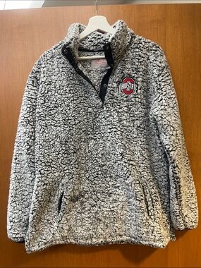 Varsity Men’s Crewneck Sherpa Pullover in Heather Gray with Red Logo